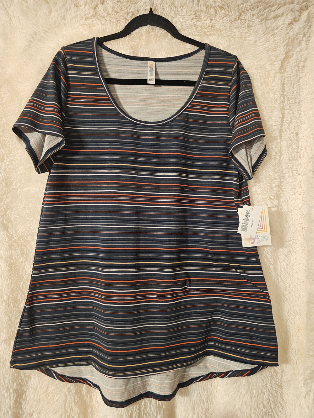 LuLaRoe Navy Striped Scoop Neck Tee with Orange & Cream Stripes